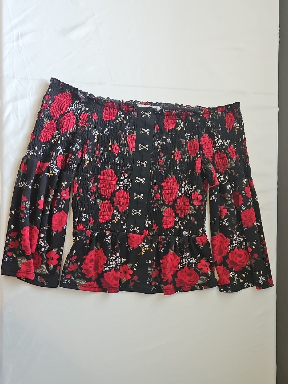 Women’s Off-Shoulder Black Floral Skirt Top with Red Roses